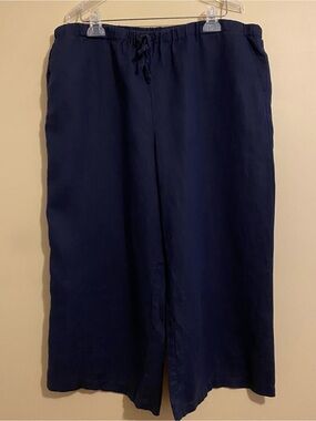 Linen 100% Pull On Drawstring Capris Side Pockets Size XL Blue Kate Hill Women's